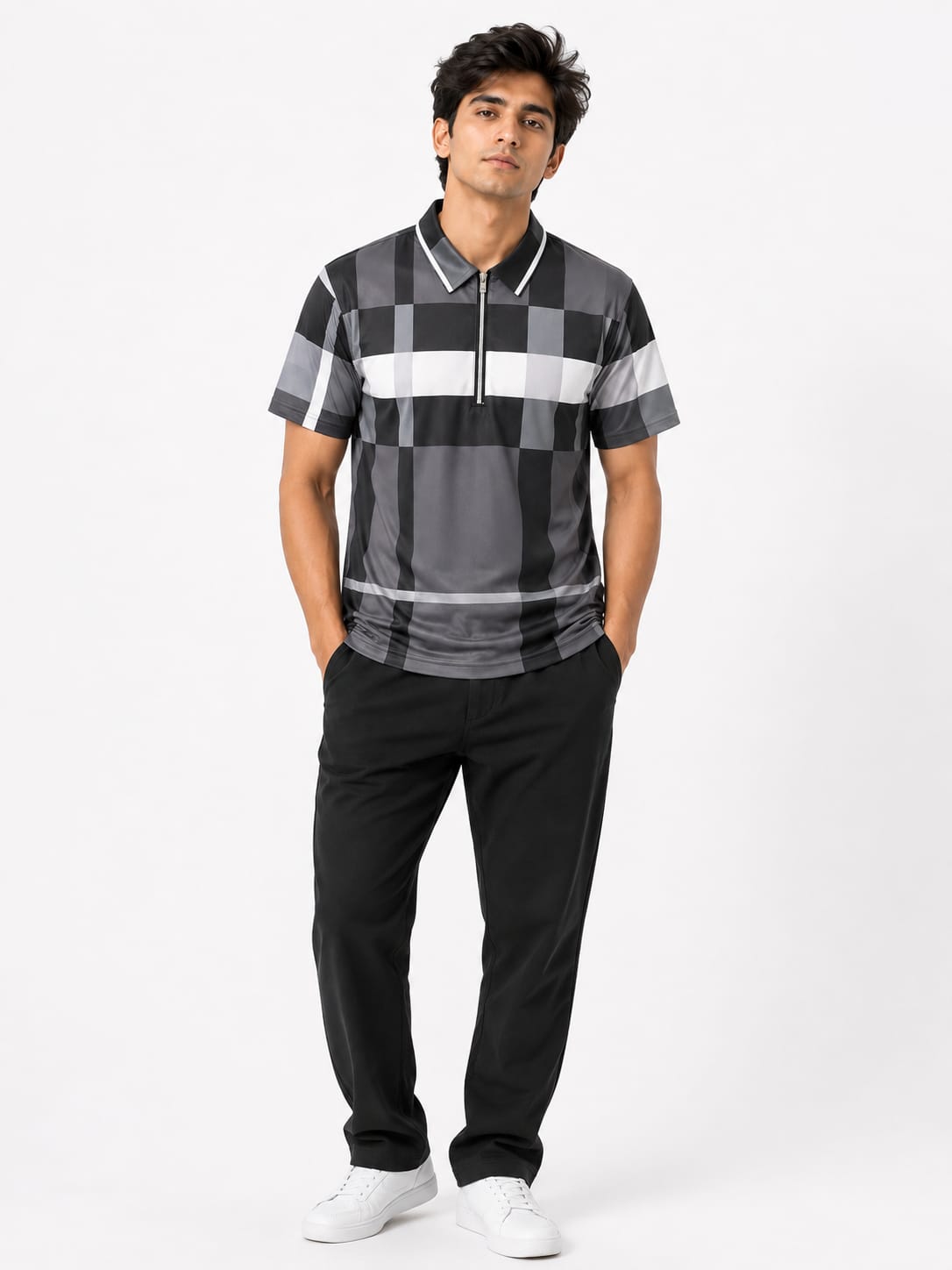 Men’s Premium Imported Checkered Quarter-Zip Polo T-Shirt – Grey & Black | Lightweight & Soft