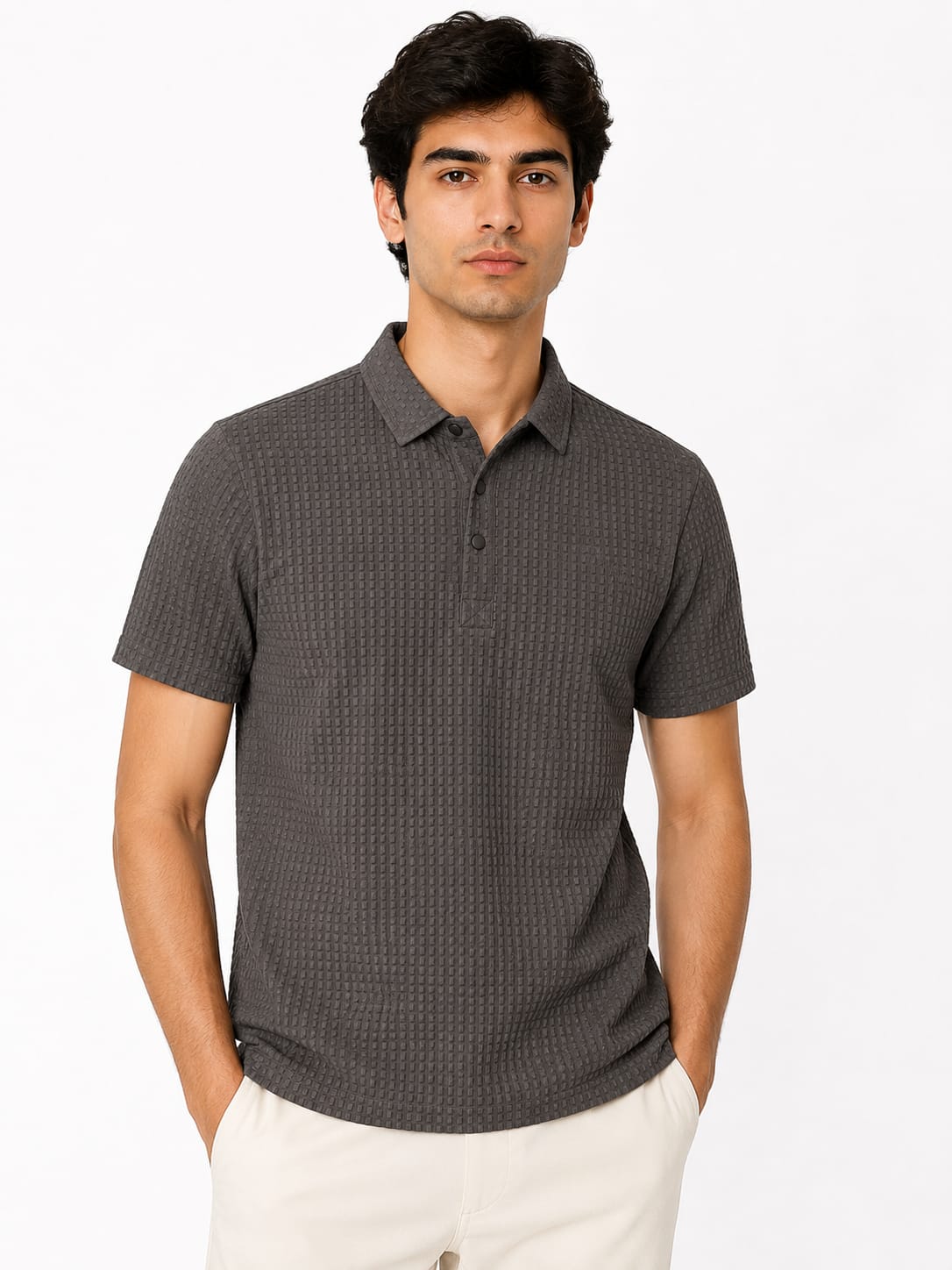 Imported Textured Polo shirt-Charcoal Grey |lightweight & Breathable |