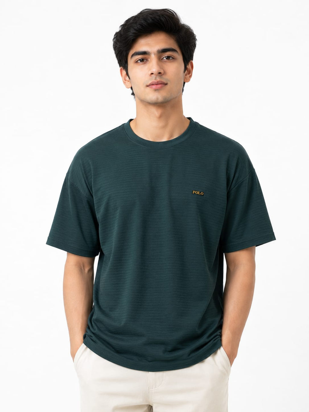 Premium Imported Textured Crew Neck Drop shoulder T-Shirt – Deep Forest Green | Lightweight & Breathable