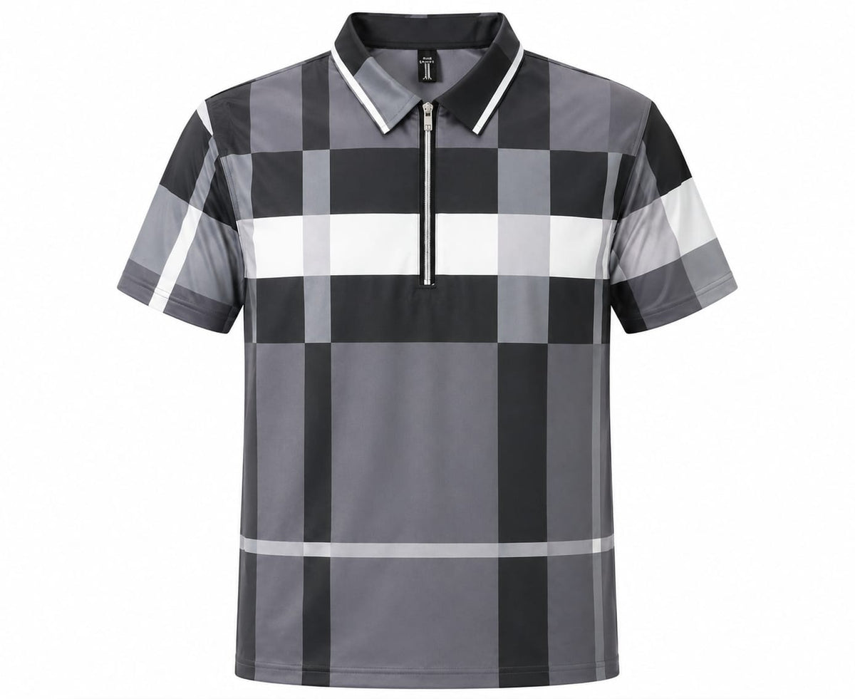 Men’s Premium Imported Checkered Quarter-Zip Polo T-Shirt – Grey & Black | Lightweight & Soft
